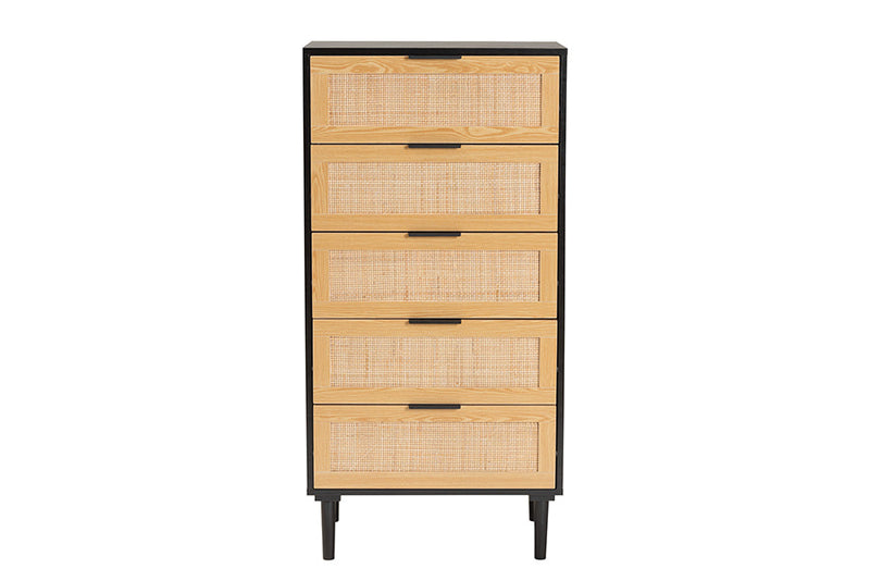 Jaeger Espresso Brown Wood and Rattan 5-Drawer Storage Cabinet Baxton