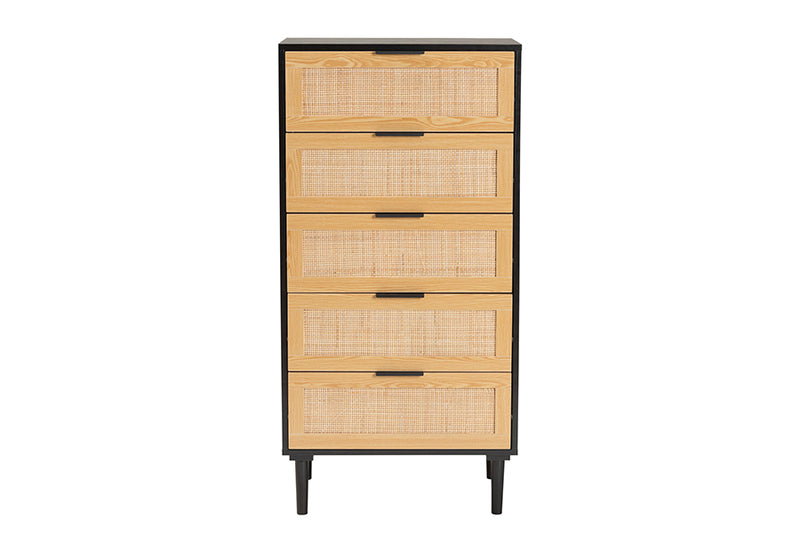Jaeger Mid-Century Modern Espresso Brown Wood and Rattan 5-Drawer Storage Cabinet