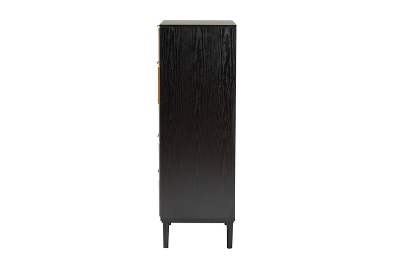 Jaeger Espresso Brown Wood and Rattan 5-Drawer Storage Cabinet Baxton