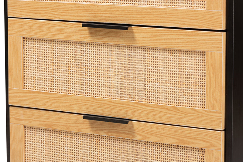 Jaeger Mid-Century Modern Espresso Brown Wood and Rattan 5-Drawer Storage Cabinet