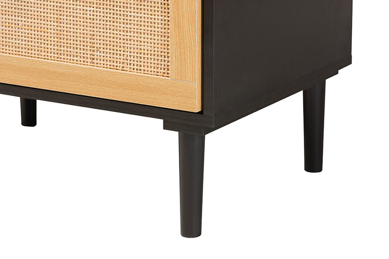 Jaeger Mid-Century Modern Espresso Brown Wood and Rattan 5-Drawer Storage Cabinet