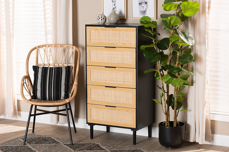 Jaeger Mid-Century Modern Espresso Brown Wood and Rattan 5-Drawer Storage Cabinet