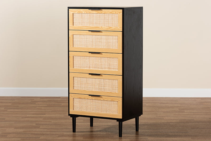 Jaeger Mid-Century Modern Espresso Brown Wood and Rattan 5-Drawer Storage Cabinet