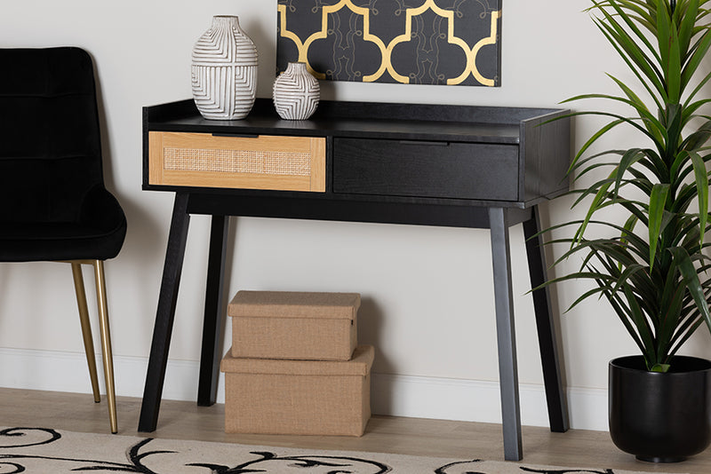 Shirin Mid-Century Modern Two-Tone Espresso Brown and Natural Brown Finished Wood 2-Drawer Console Table