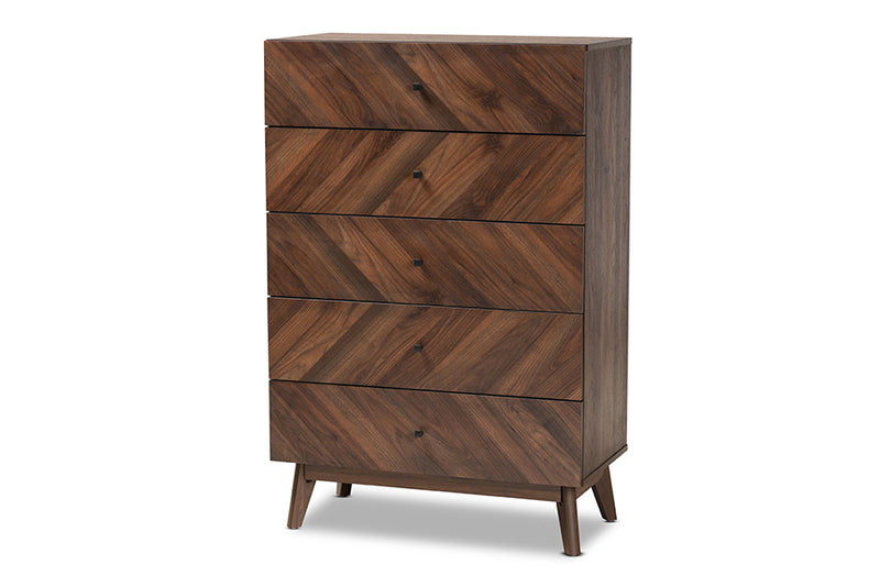 Leryn Mid-Century Modern Walnut Brown Finished Wood 5-Drawer Storage Chest