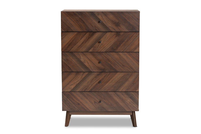 Leryn Mid-Century Modern Walnut Brown Finished Wood 5-Drawer Storage Chest