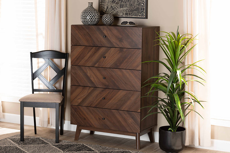 Leryn Mid-Century Modern Walnut Brown Finished Wood 5-Drawer Storage Chest