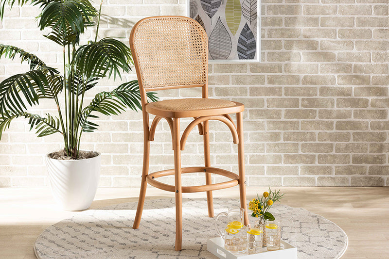 Brandon Mid-Century Modern Brown Woven Rattan and Wood Cane Counter Stool