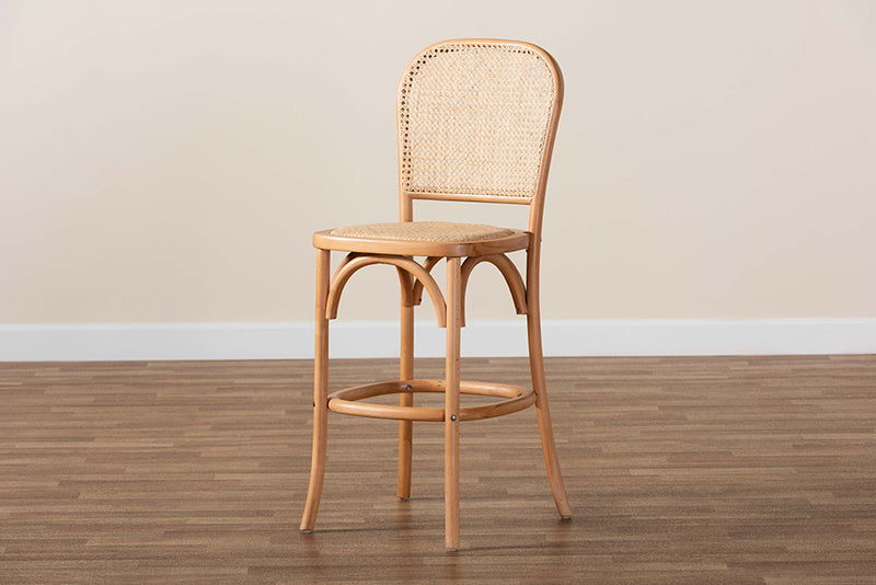 Brandon Mid-Century Modern Brown Woven Rattan and Wood Cane Counter Stool