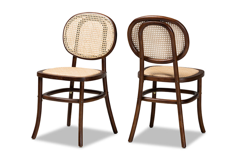 Daylan Mid-Century Modern Brown Woven Rattan and Walnut Brown Wood 2-Piece Cane Dining Chair Set