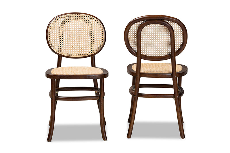 Daylan Mid-Century Modern Brown Woven Rattan and Walnut Brown Wood 2-Piece Cane Dining Chair Set