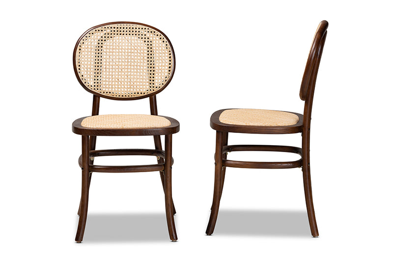 Daylan Mid-Century Modern Brown Woven Rattan and Walnut Brown Wood 2-Piece Cane Dining Chair Set