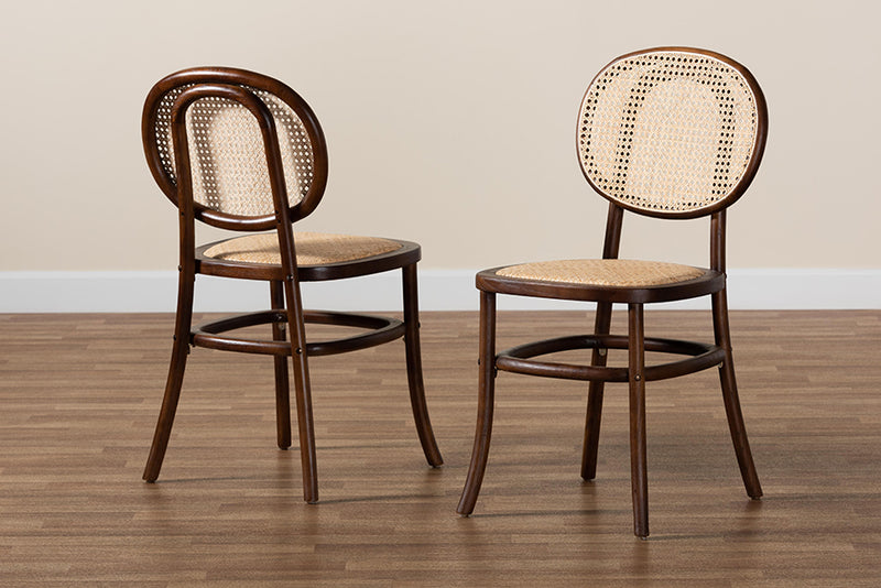 Daylan Mid-Century Modern Brown Woven Rattan and Walnut Brown Wood 2-Piece Cane Dining Chair Set