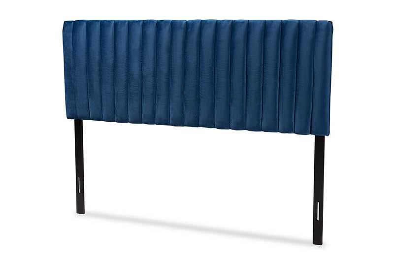 Sullivan Navy Blue Velvet Fabric Upholstered and Dark Brown Queen Size Headboard Baxton