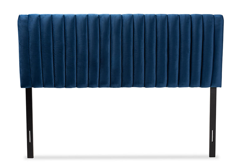 Sullivan Navy Blue Velvet Fabric Upholstered and Dark Brown Queen Size Headboard Baxton