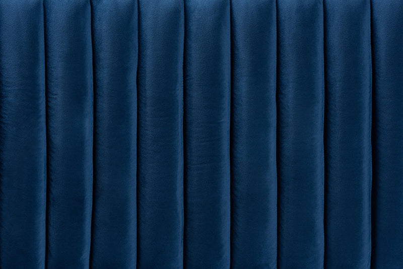 Sullivan Navy Blue Velvet Fabric Upholstered and Dark Brown Queen Size Headboard Baxton