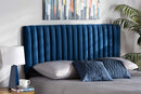 Sullivan Navy Blue Velvet Fabric Upholstered and Dark Brown Queen Size Headboard Baxton