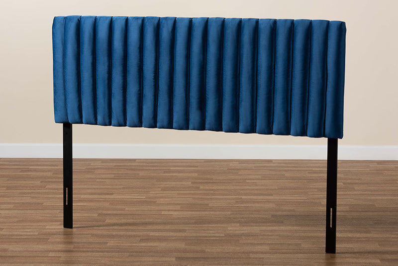 Sullivan Navy Blue Velvet Fabric Upholstered and Dark Brown Queen Size Headboard Baxton
