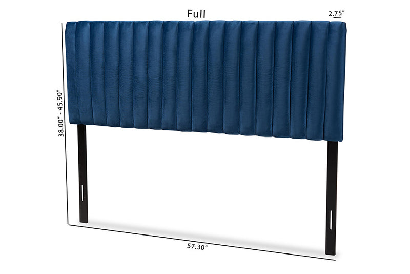 Sullivan Navy Blue Velvet Fabric Upholstered and Dark Brown Queen Size Headboard Baxton