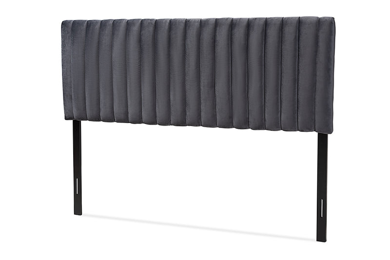 Sullivan Modern and Contemporary Gray Velvet Fabric Upholstered and Dark Brown Finished Wood Queen Size Headboard