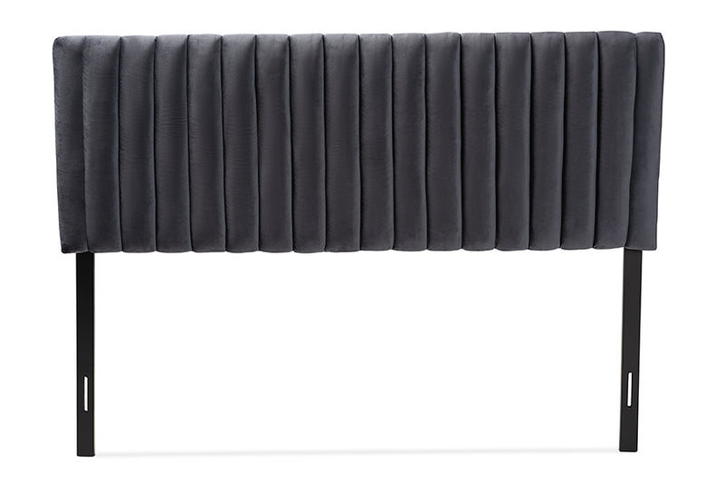 Sullivan Modern and Contemporary Gray Velvet Fabric Upholstered and Dark Brown Finished Wood Queen Size Headboard