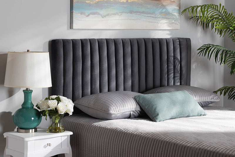 Sullivan Gray Velvet Fabric Upholstered and Dark Brown Queen Size Headboard Baxton