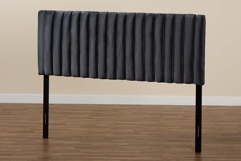 Sullivan Modern and Contemporary Gray Velvet Fabric Upholstered and Dark Brown Finished Wood Queen Size Headboard