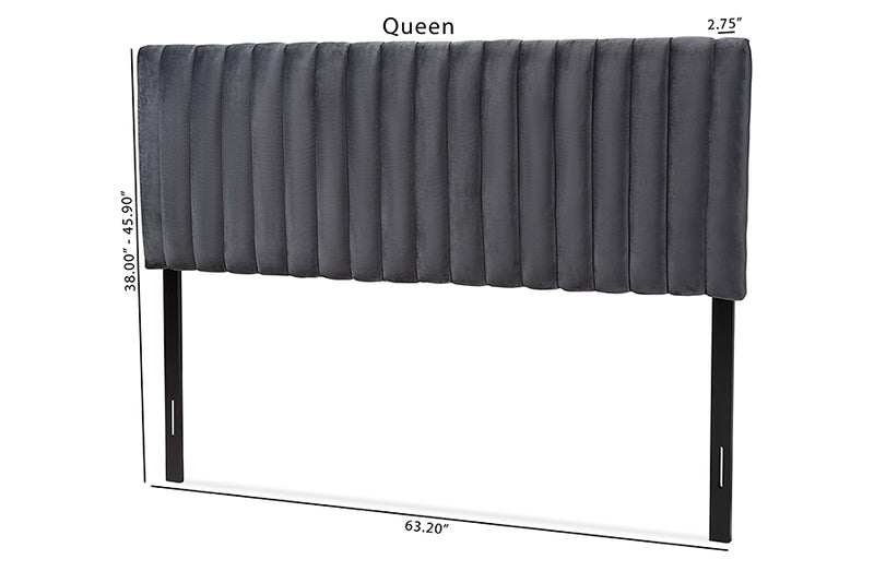 Sullivan Modern and Contemporary Gray Velvet Fabric Upholstered and Dark Brown Finished Wood Queen Size Headboard