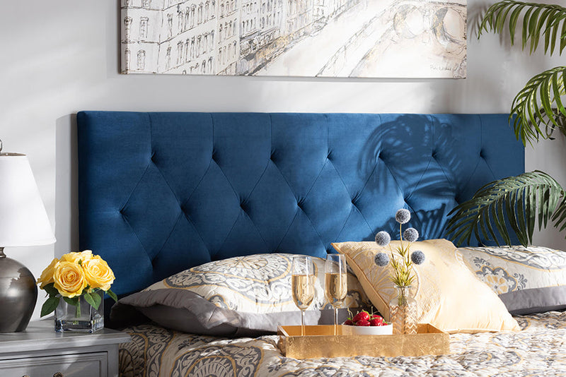 Ediva Navy Blue Velvet Fabric Upholstered Full Size Headboard Baxton