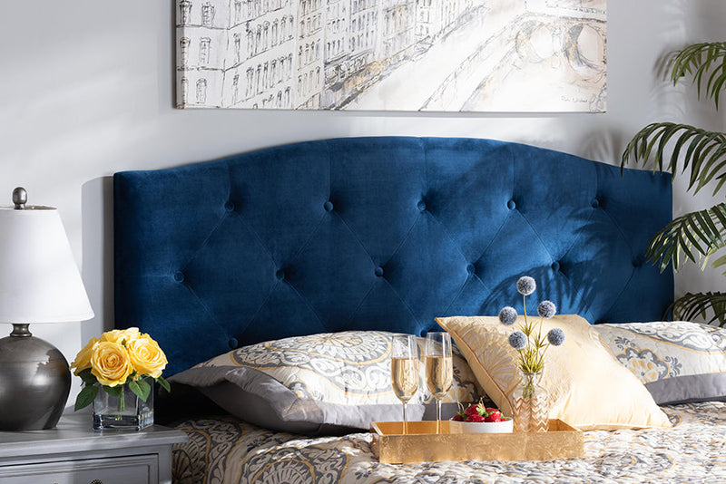 Janella Navy Blue Velvet Fabric Upholstered Full Size Headboard Baxton
