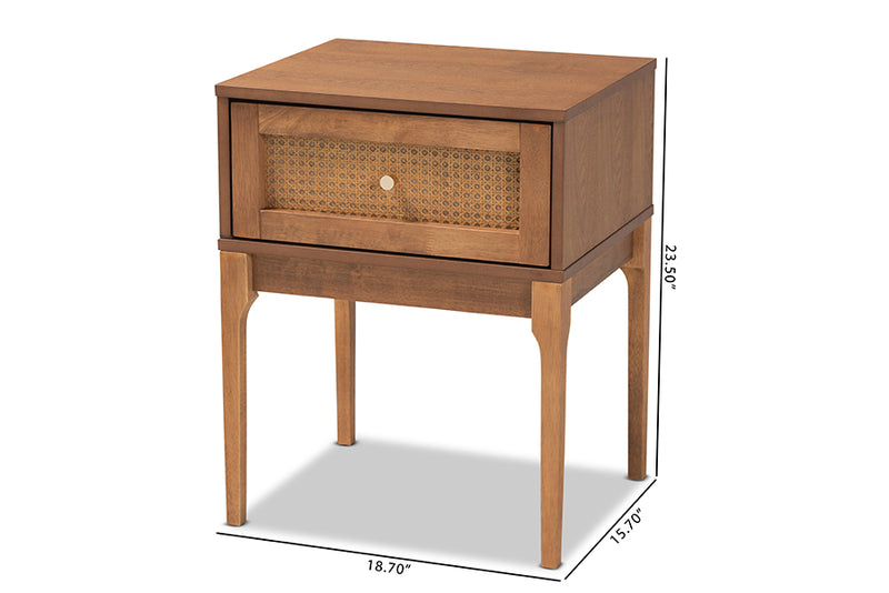 Nikita Mid-Century Modern Ash Walnut Finished Wood and Rattan 1-Drawer Nightstand