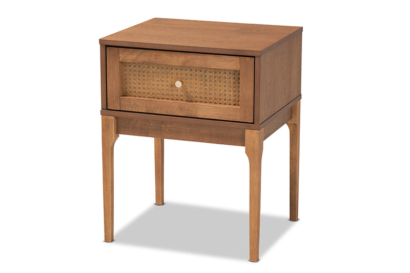 Nikita Mid-Century Modern Ash Walnut Finished Wood and Rattan 1-Drawer Nightstand