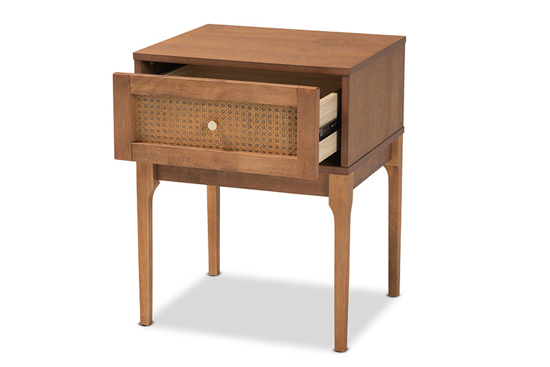 Nikita Mid-Century Modern Ash Walnut Finished Wood and Rattan 1-Drawer Nightstand