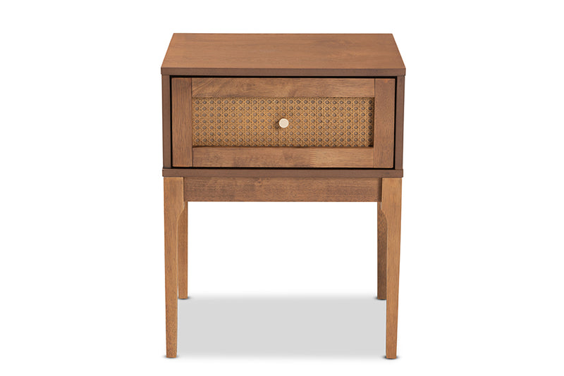 Nikita Mid-Century Modern Ash Walnut Finished Wood and Rattan 1-Drawer Nightstand