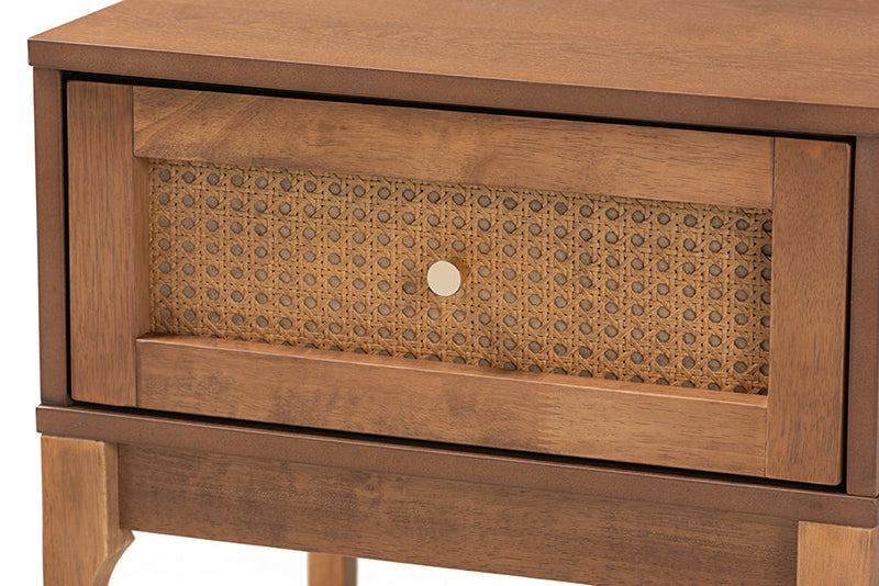 Nikita Ash Walnut and Rattan 1-Drawer Nightstand Baxton