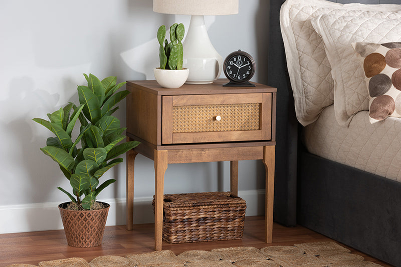 Nikita Mid-Century Modern Ash Walnut Finished Wood and Rattan 1-Drawer Nightstand