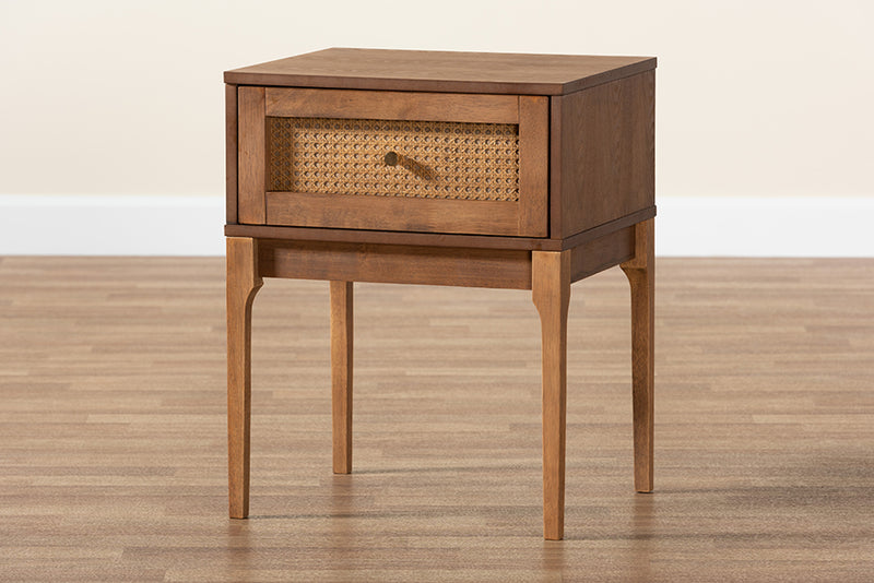 Nikita Mid-Century Modern Ash Walnut Finished Wood and Rattan 1-Drawer Nightstand