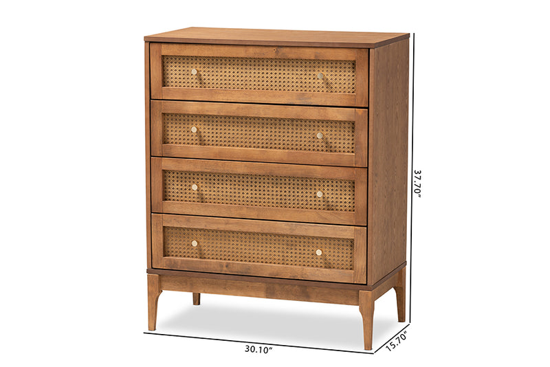 Nikita Mid-Century Modern Ash Walnut Finished Wood and Rattan 4-Drawer Chest