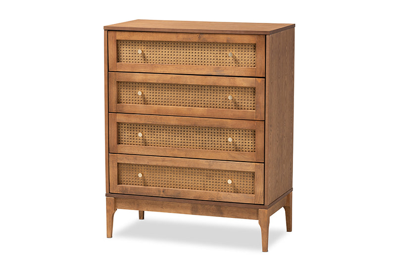 Nikita Mid-Century Modern Ash Walnut Finished Wood and Rattan 4-Drawer Chest