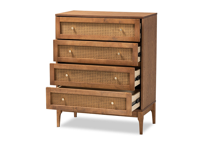 Nikita Mid-Century Modern Ash Walnut Finished Wood and Rattan 4-Drawer Chest
