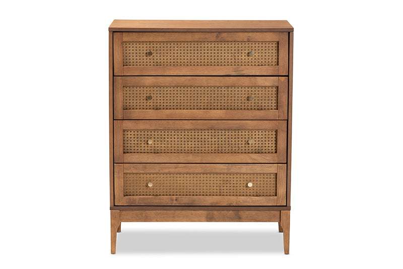 Nikita Mid-Century Modern Ash Walnut Finished Wood and Rattan 4-Drawer Chest
