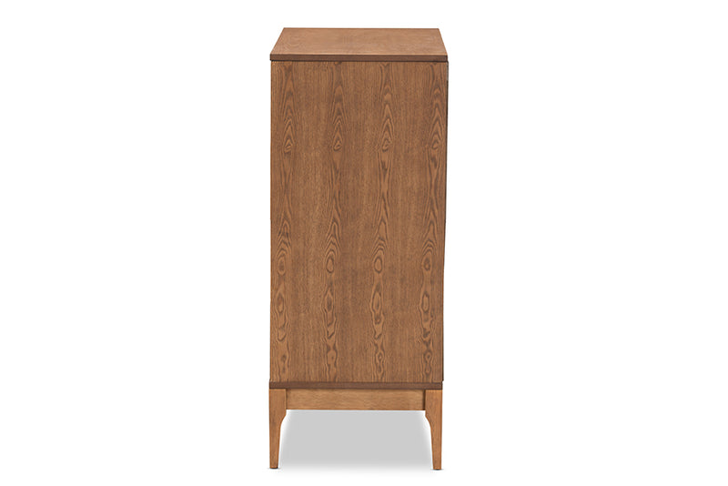 Nikita Mid-Century Modern Ash Walnut Finished Wood and Rattan 4-Drawer Chest