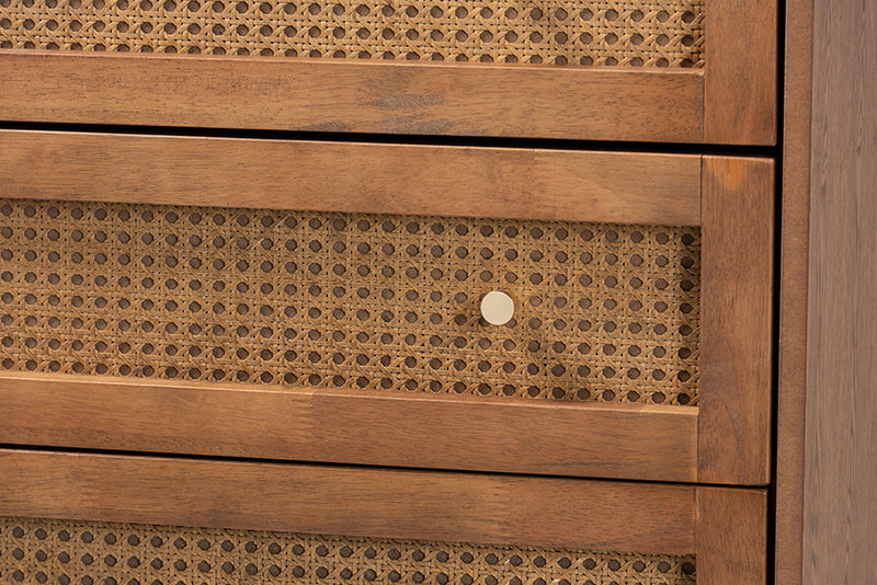 Nikita Mid-Century Modern Ash Walnut Finished Wood and Rattan 4-Drawer Chest