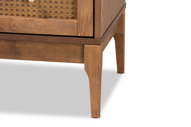 Nikita Mid-Century Modern Ash Walnut Finished Wood and Rattan 4-Drawer Chest