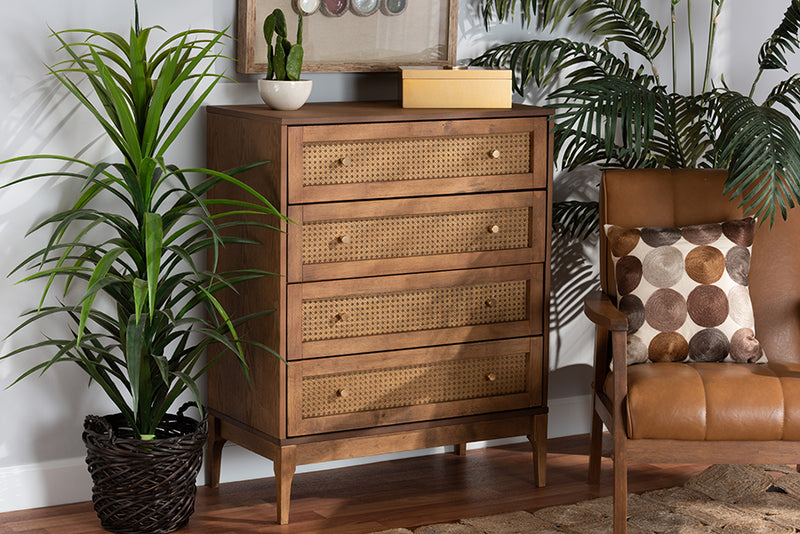 Nikita Mid-Century Modern Ash Walnut Finished Wood and Rattan 4-Drawer Chest