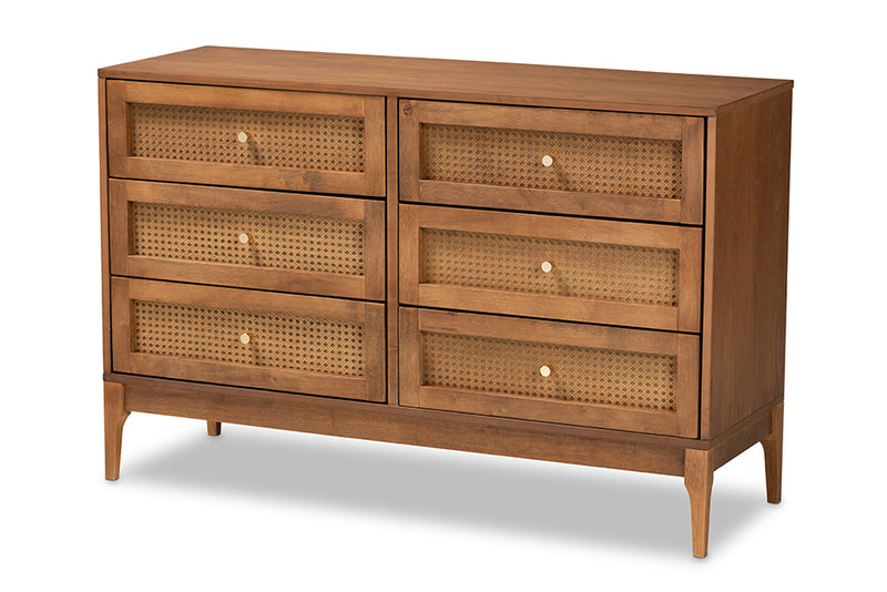 Nikita Mid-Century Modern Ash Walnut Finished Wood and Rattan 6-Drawer Dresser