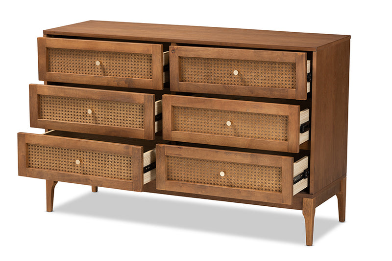 Nikita Mid-Century Modern Ash Walnut Finished Wood and Rattan 6-Drawer Dresser