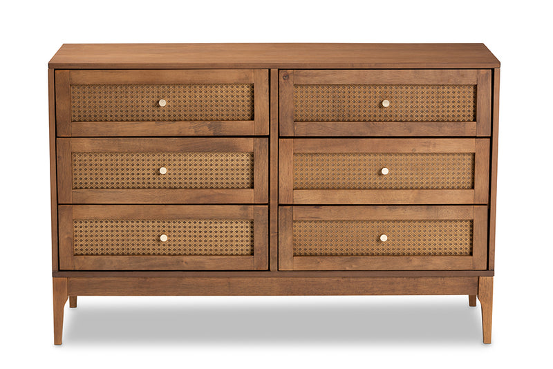 Nikita Mid-Century Modern Ash Walnut Finished Wood and Rattan 6-Drawer Dresser