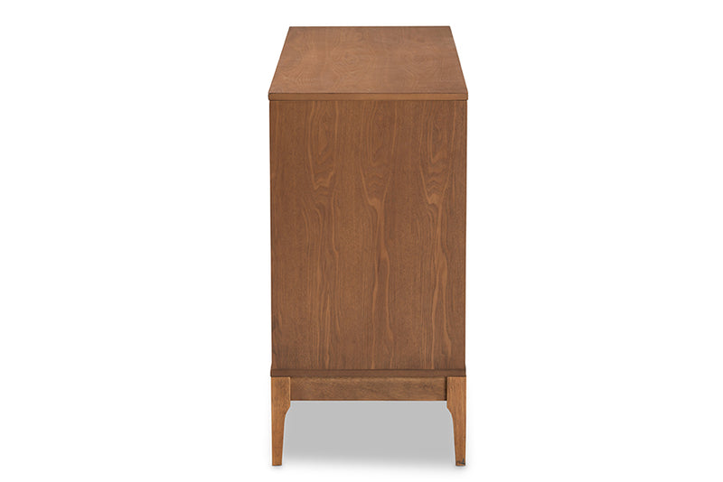 Nikita Mid-Century Modern Ash Walnut Finished Wood and Rattan 6-Drawer Dresser