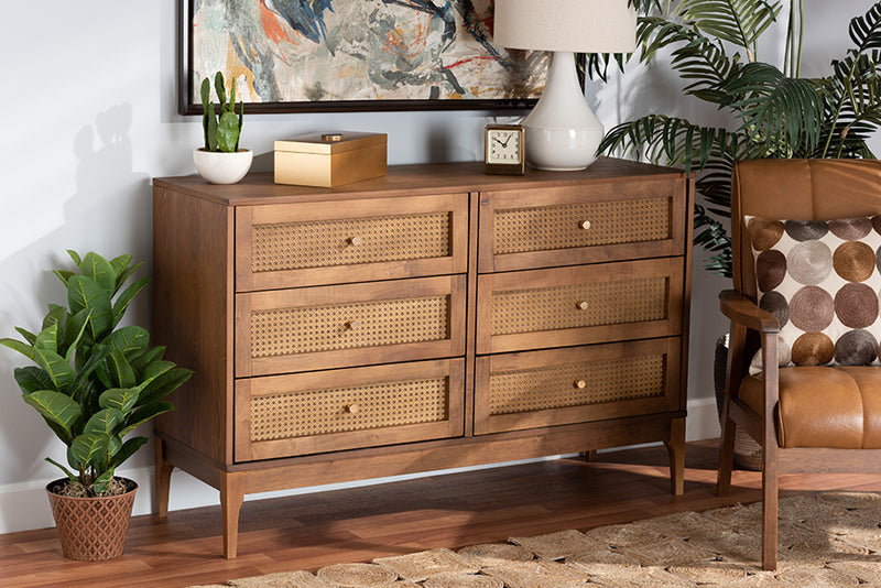 Nikita Mid-Century Modern Ash Walnut Finished Wood and Rattan 6-Drawer Dresser